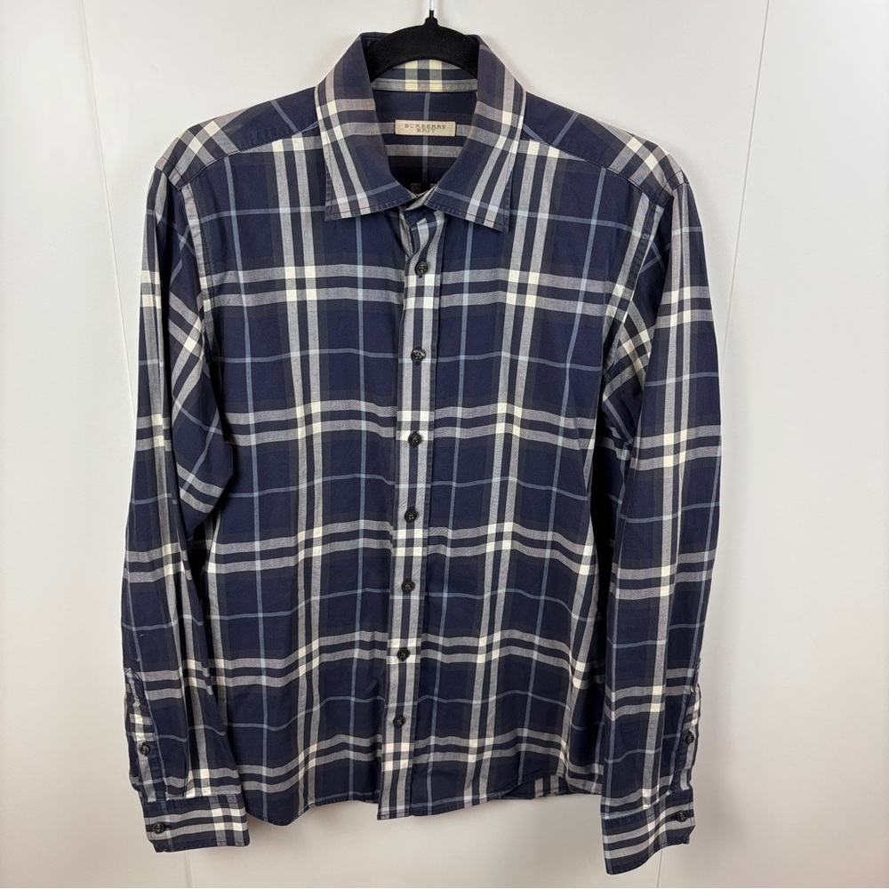 Burberry Brit Navy Nova Check Plaid Men's Dress Shirt sz M Quiet Luxury Designer